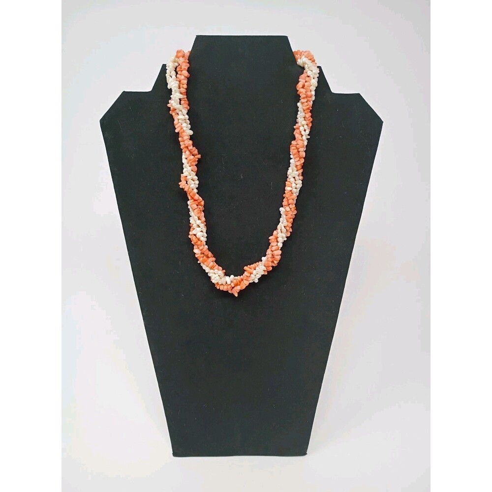 Multi Strand Pink Coral Rice Pearl Necklace G Silver Fish Hook Clasp